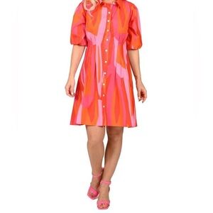 NWT L SCAPA button down knee length dress orange/pink Lauren Perre shirtdress